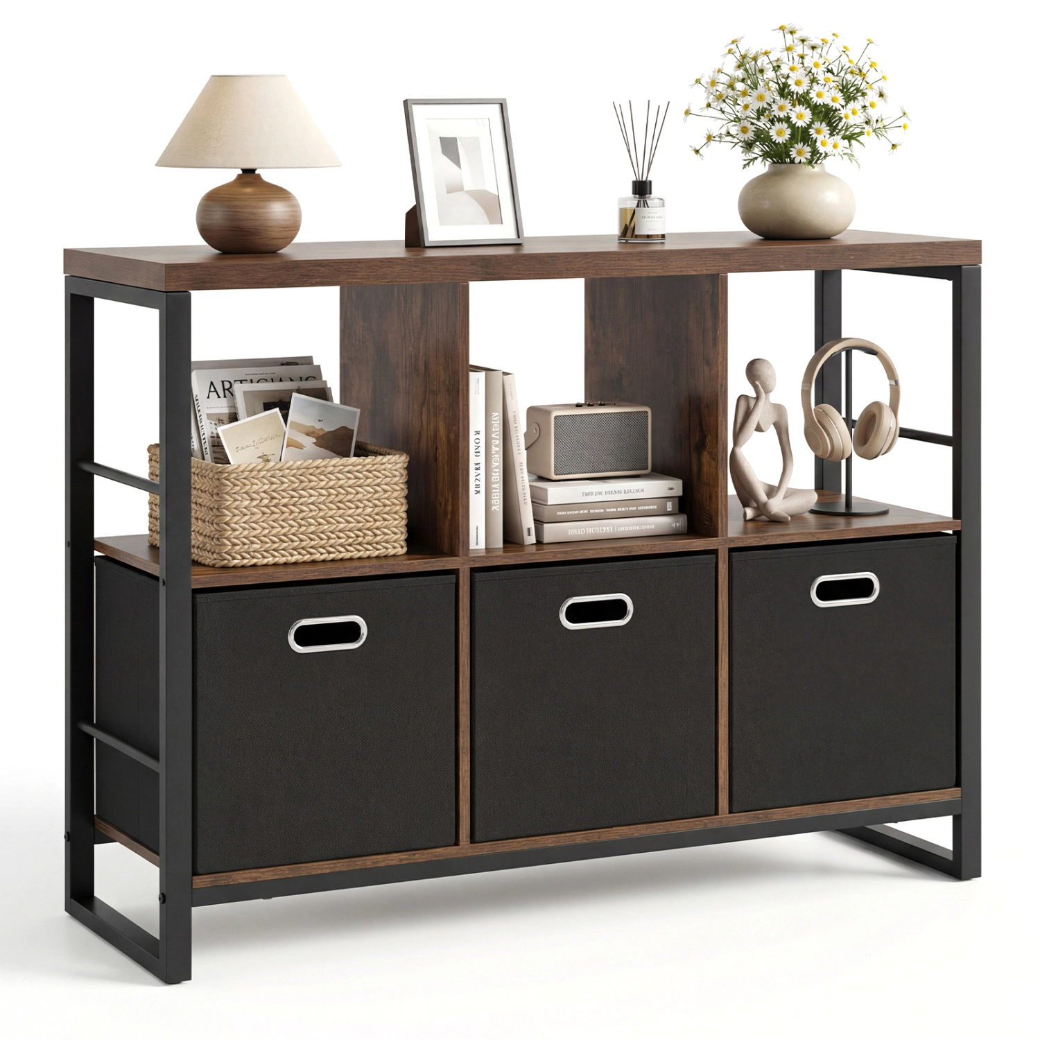 LJG 6 Cube Industrial Short Bookshelf with 3 Bins & Metal Frame and Open Shelves for Indoor
