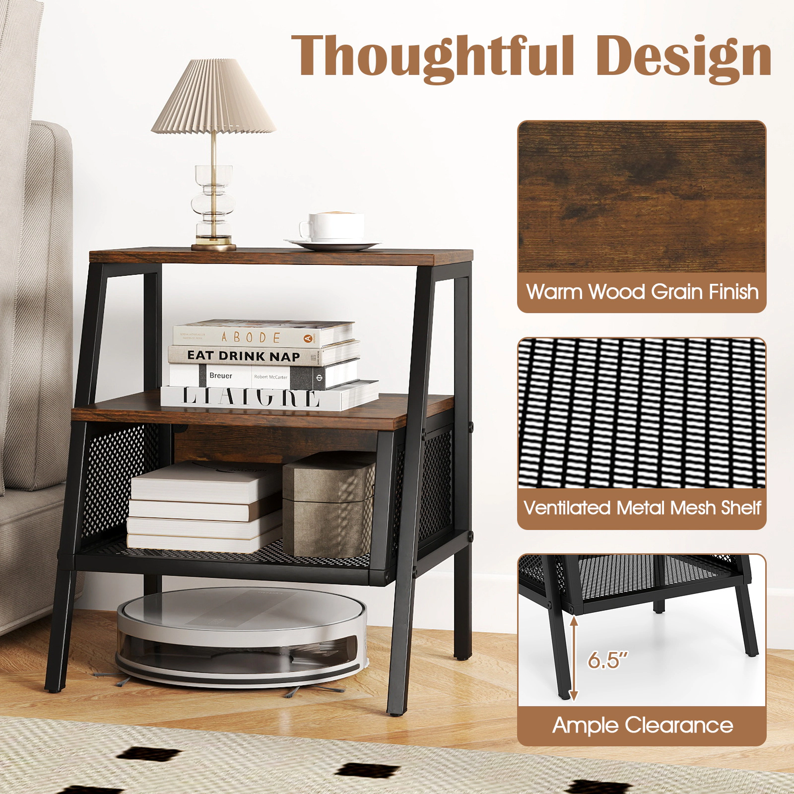 SUGIFT 3-Tier Industrial Nightstand End Table with 2 Open Shelves & Metal Mesh Compartment 22-lb Capacity Rustic Brown +