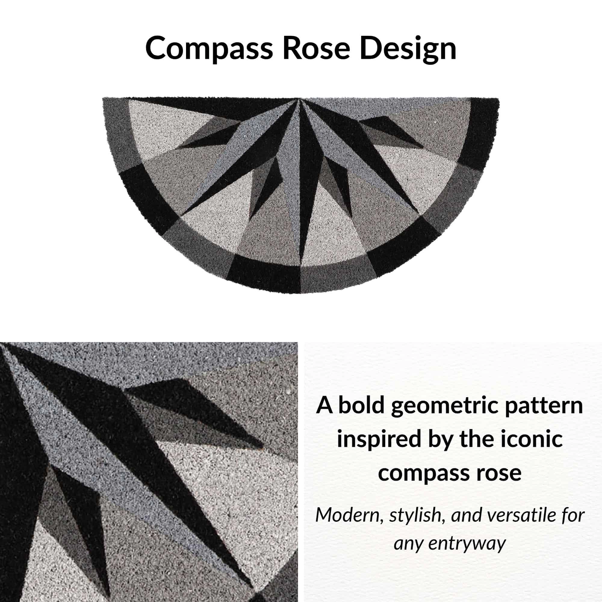 Evideco French Home Goods Black and Gray Compass Rose Coir Doormat 30 x 15 Inches