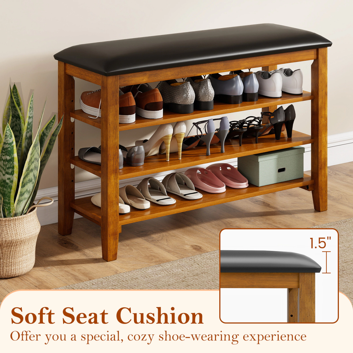Glintex 3-Tier Shoe Bench with Soft Cushion and Adjustable Rubber Wood Shelves, Brown