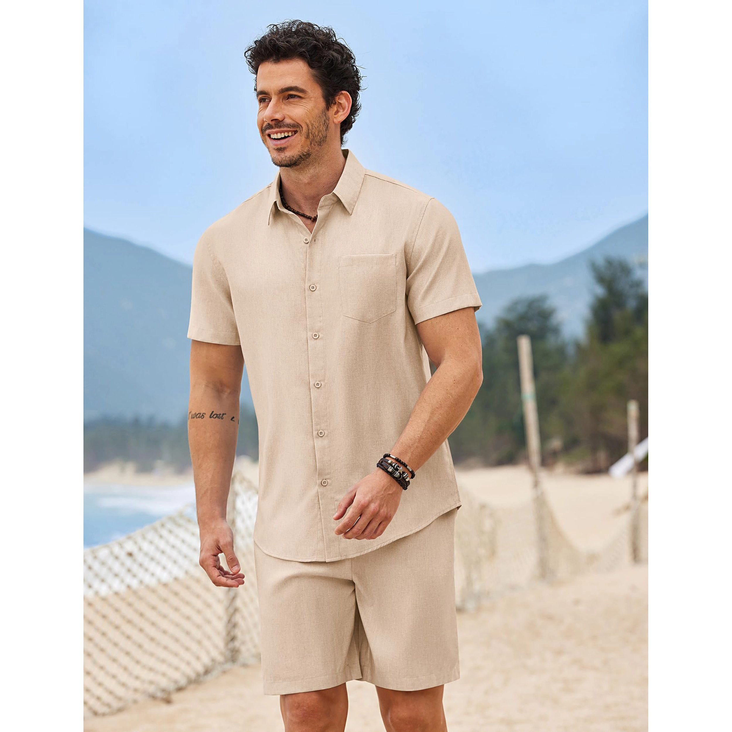 COOFANDY Men's Regular Fit Short Sleeve Button Down Shirt and Shorts Two Piece Set