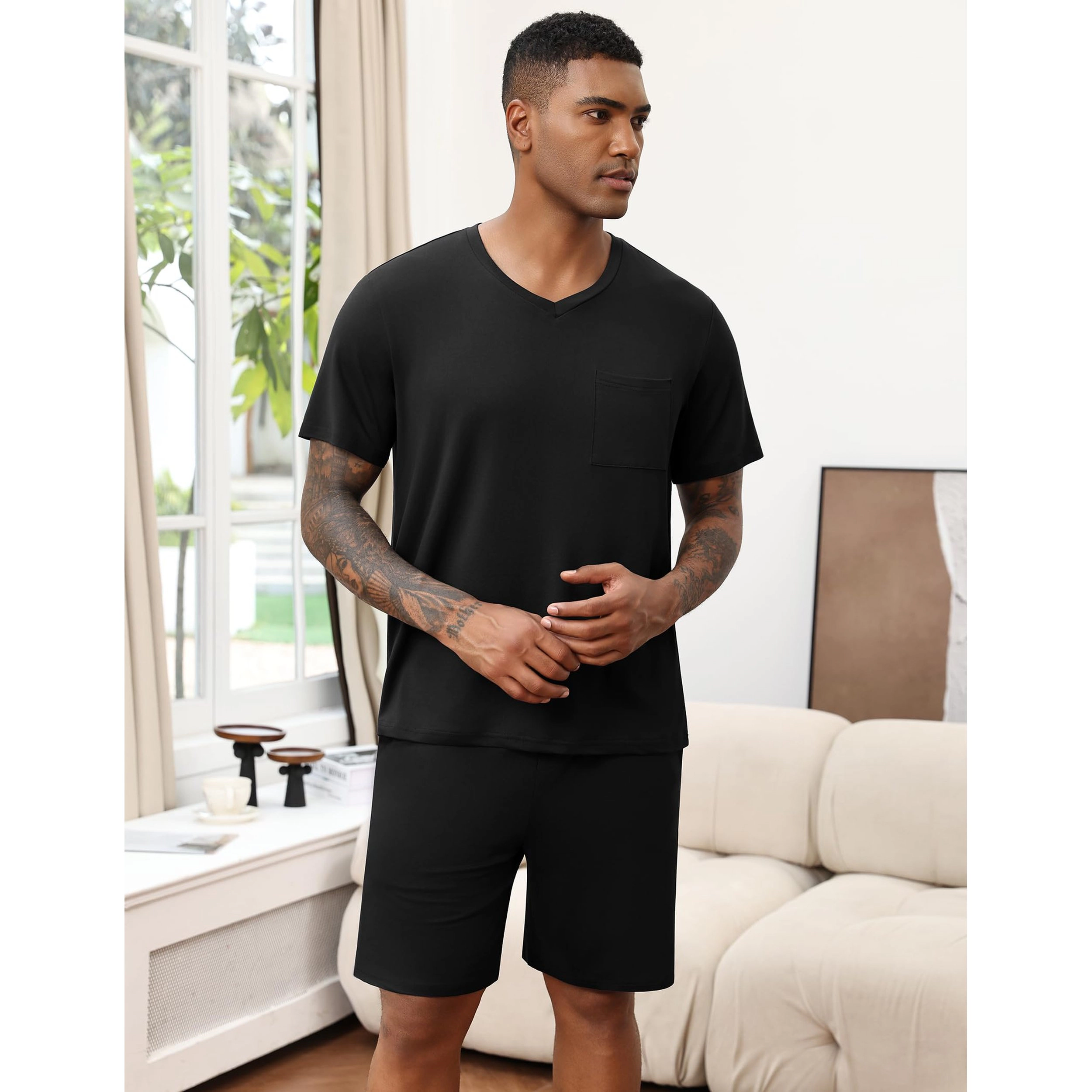 Ekouaer Mens Pajamas Set Soft Lounge V Neck Sleep Nightwear Short Sleeve Pjs with Pocket