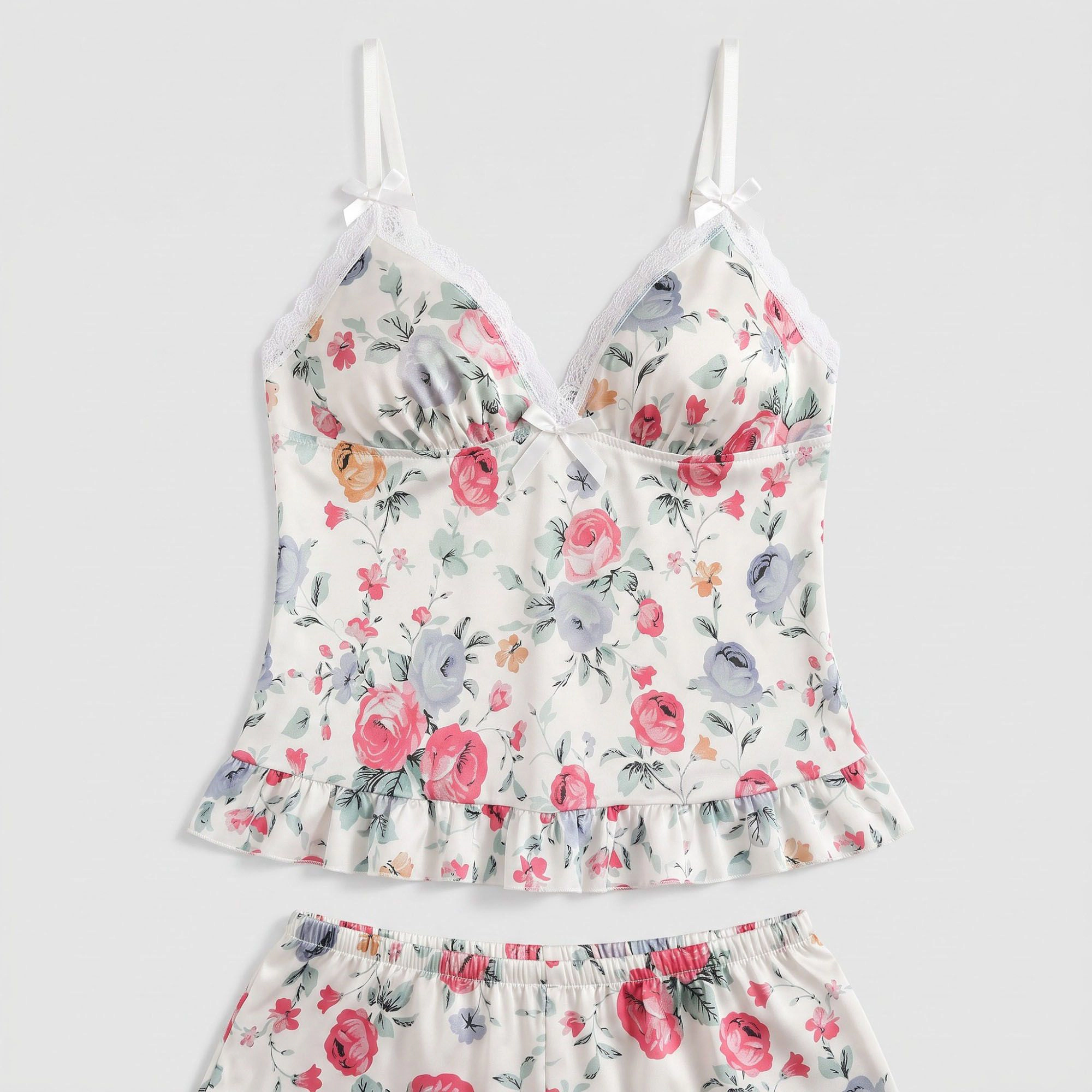 Anna-Kaci Women's Floral Satin Ruffle Cami and Shorts Lingerie Set