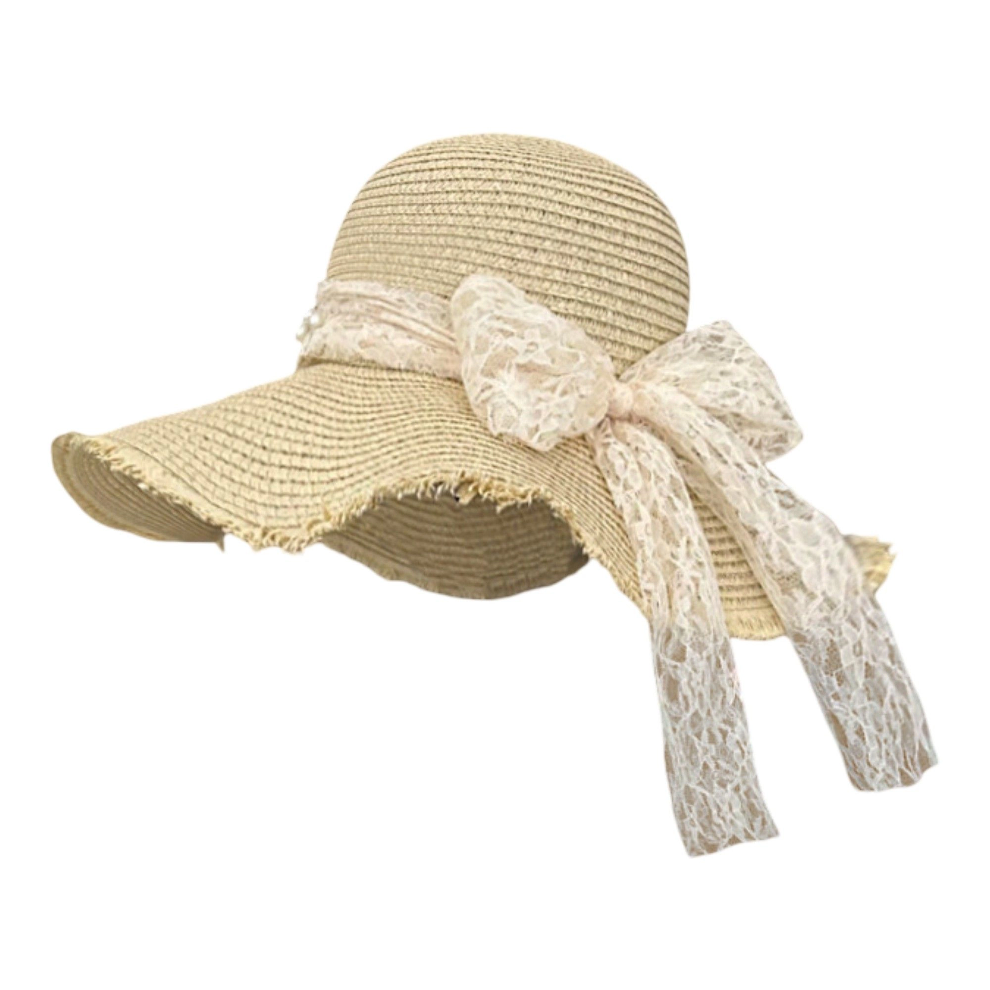 Anna-Kaci Women's Straw Wide Brim Sun Hat with Lace Bow Detail Elegant Summer Beach
