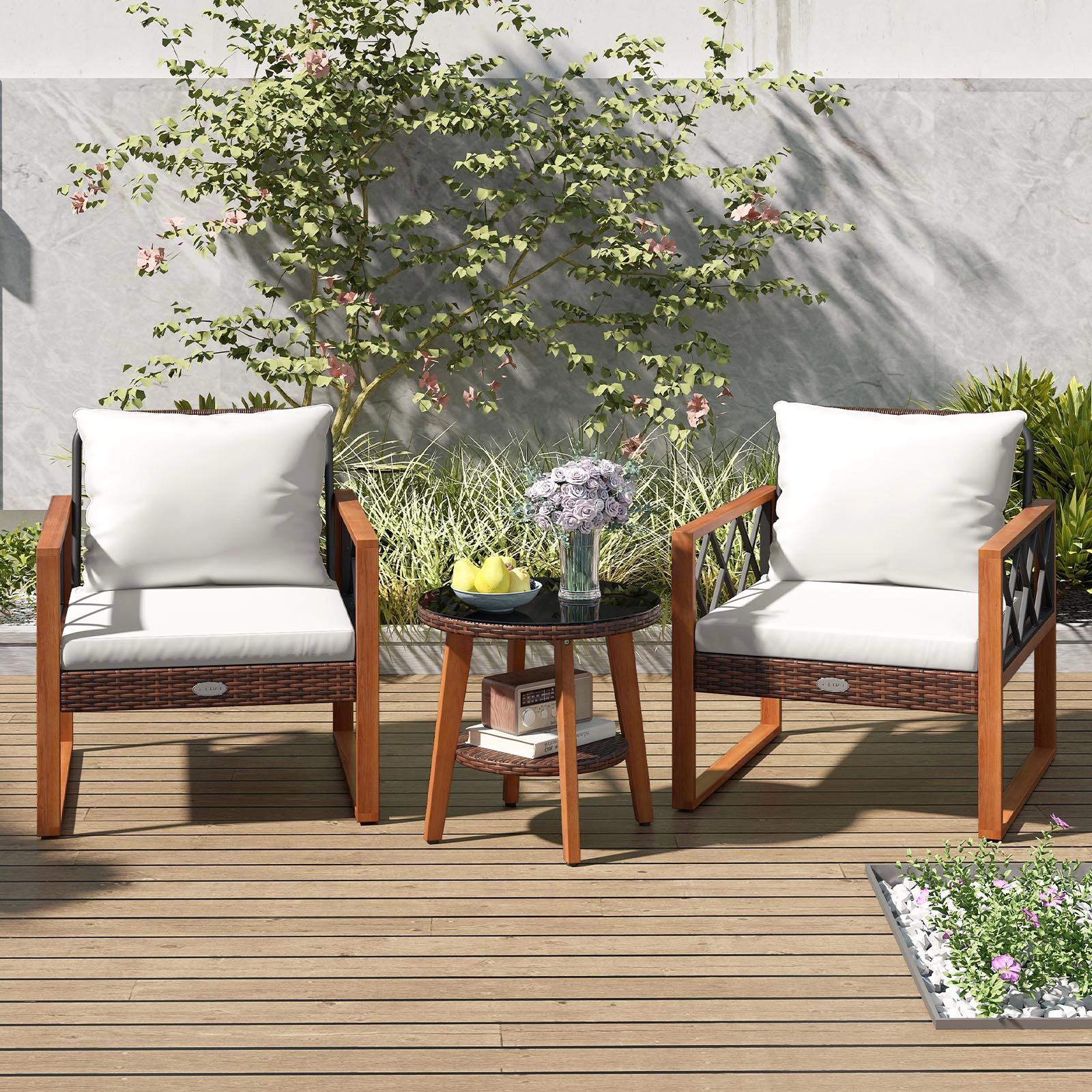 LJG 3 Pieces Patio Furniture Set with Tempered Glass Top Table and Soft Cushions
