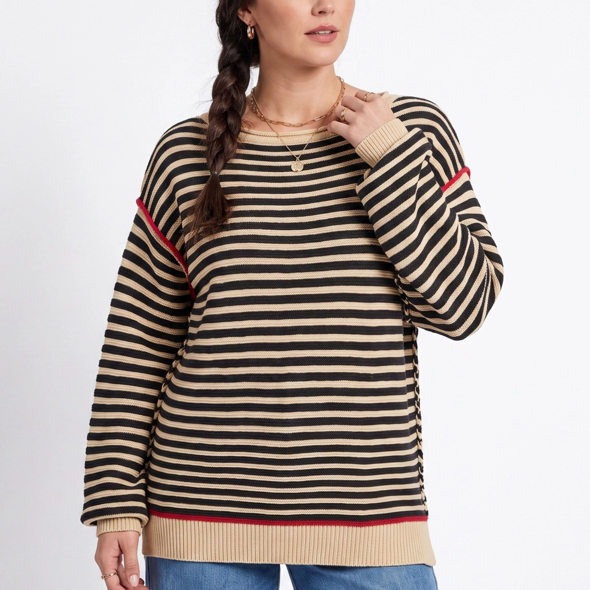 Anna-Kaci Women's Striped Contrast Trim Drop Shoulder Long Sleeve Knit Sweater