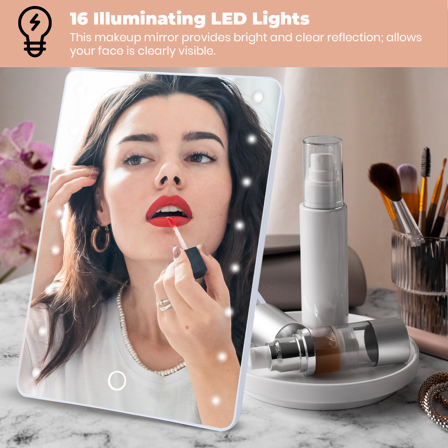 Pursonic Unisex LED Touchscreen Smart Makeup Vanity Mirror with Adjustable Brightness & Portable Design
