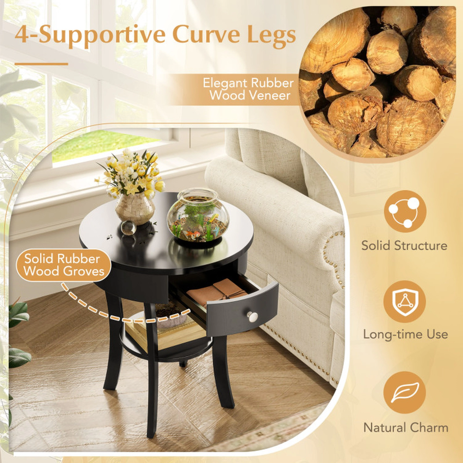 SUGIFT 2-Tier Wood Round End Table with Open Drawer 140-lb Tabletop Capacity Black