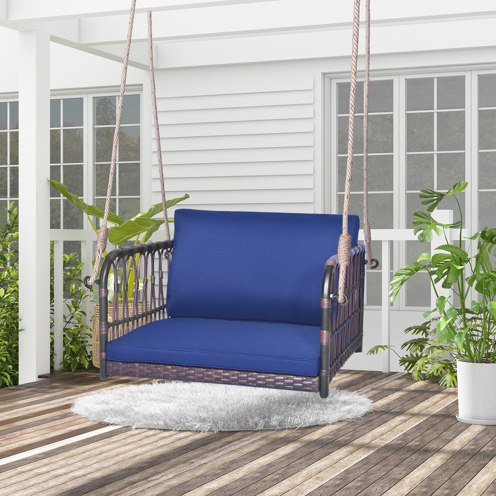SUGIFT Single Person Hanging Swing Seat with Seat and Back Cushions 400-Lb Capacity Navy Mix Brown
