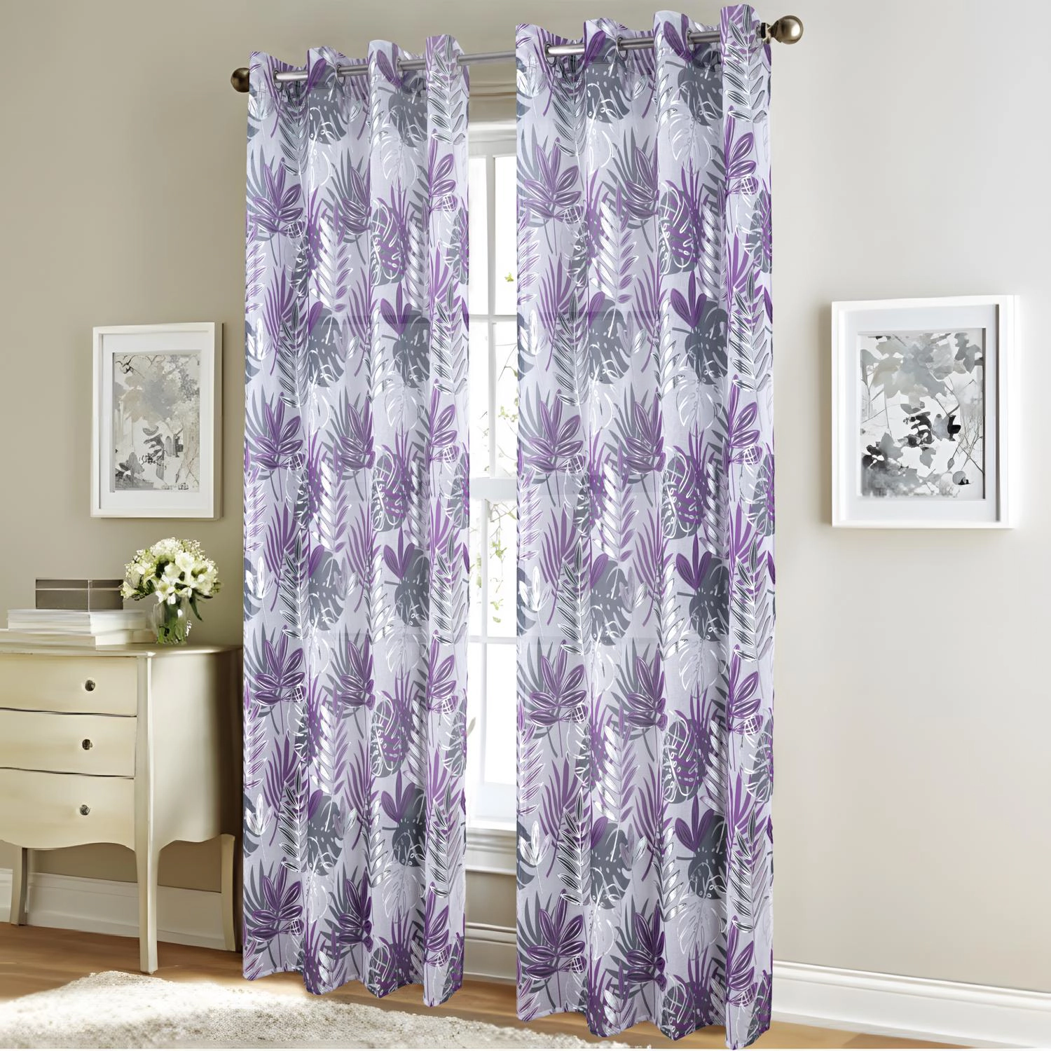RT Designer Collection Fern Foil Printed Doily Luxurious Decorative Grommet Curtain Panel 54" x 90" Lilac