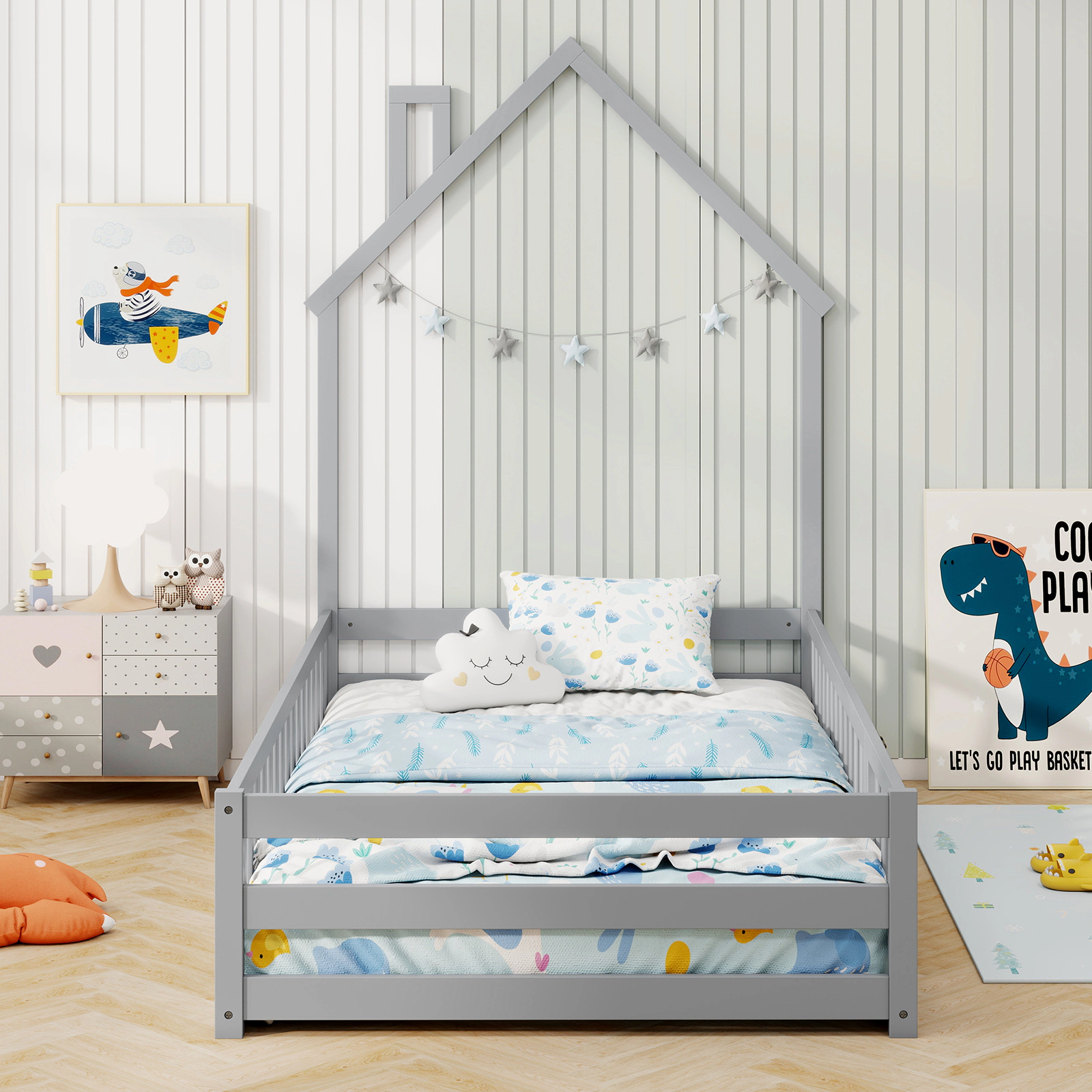 SUGIFT House-Shaped Twin Size Montessori Floor Bed with Lockable Door and Full-Length Guardrail Gray/White