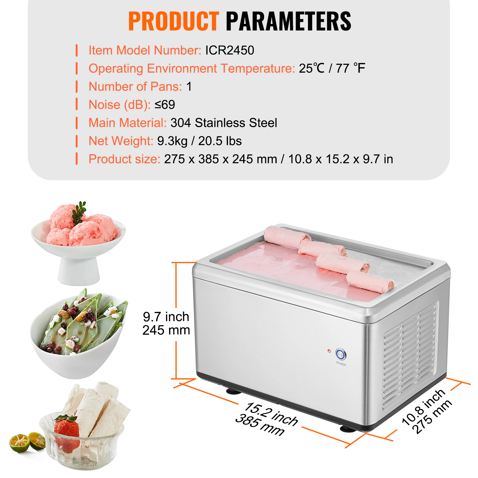 HONGGE Fried Ice Cream Roll Machine Stir-Fried Ice Cream Pan Stainless Steel Rolled Ice Cream Maker with Compressor and