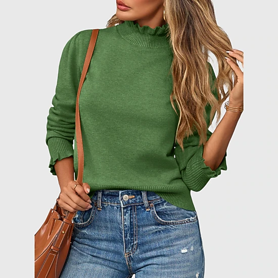 YesFashion Women's Ruffle Mock Neck Sweater Casual Long Puff Sleeve Soft Knit Pullover Tops