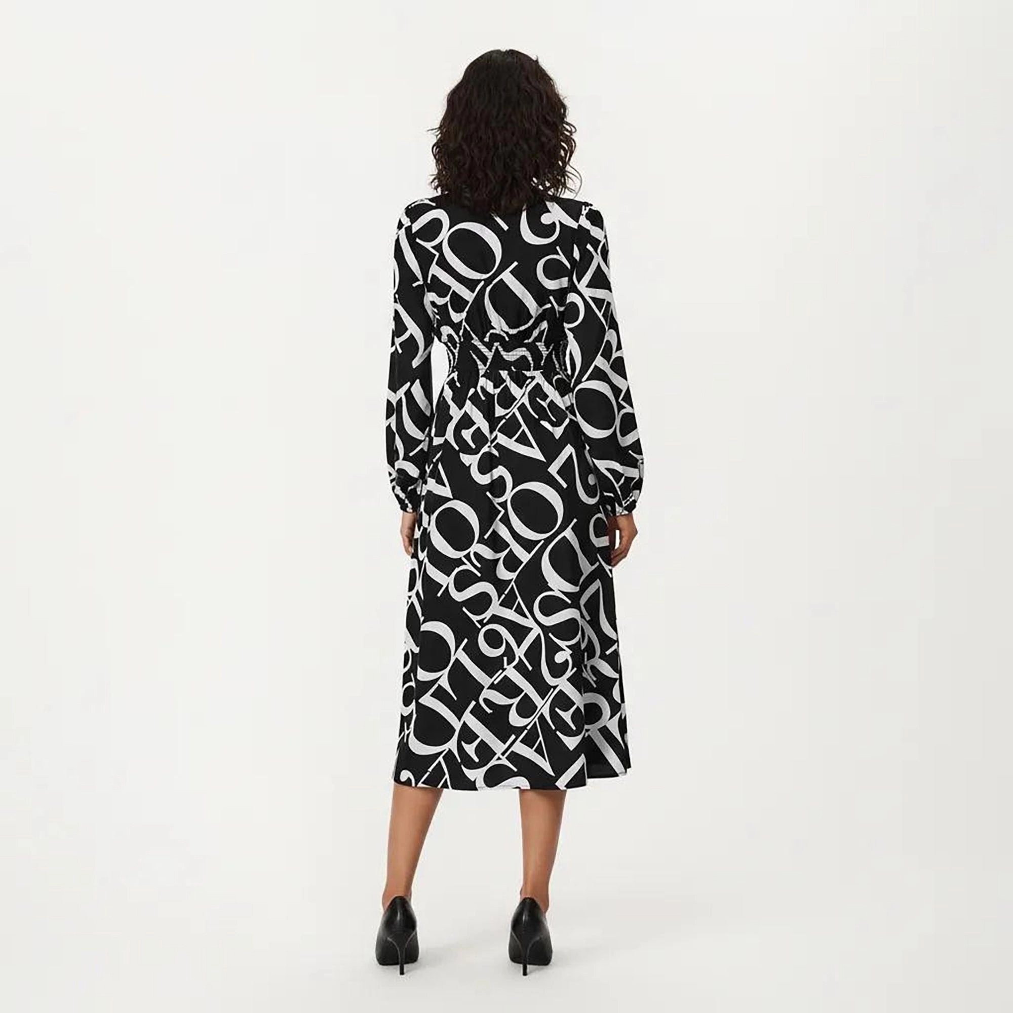 Anna-Kaci Women's Black and White Abstract Logo Print Long Sleeve Belt Asymmetrical Hem Wrap Dress