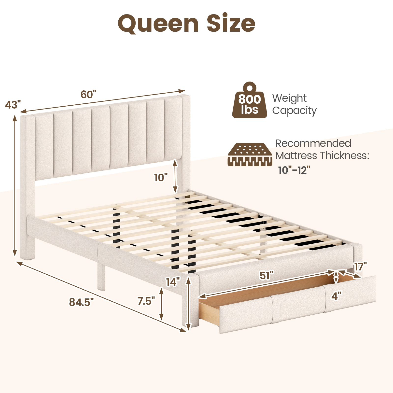SUGIFT Upholstered Queen Bed Frame with Storage Drawer and Vertical Channel Headboard 800-lb Capacity Beige