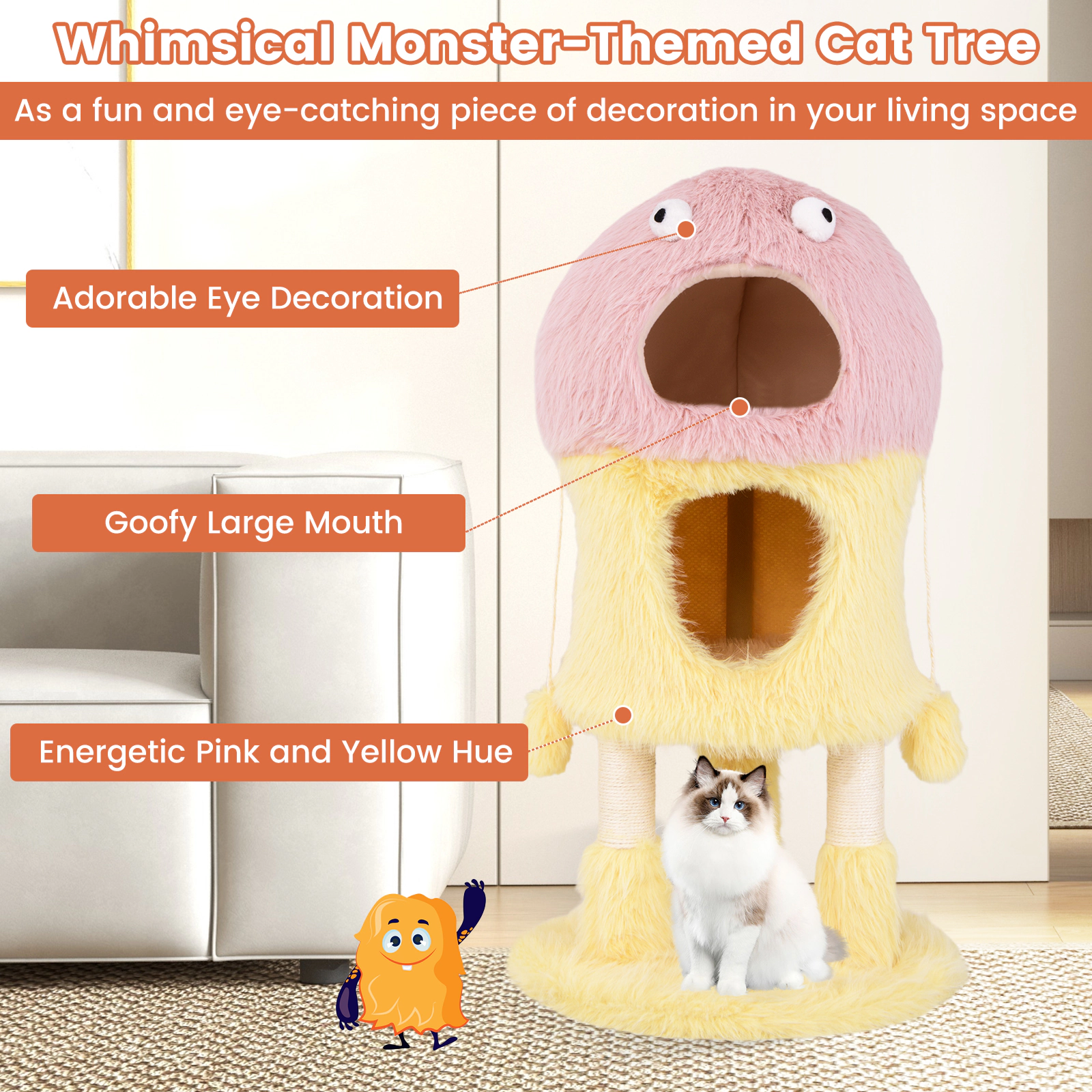 Glintex Monster-Themed Cat Tower with 2 Private Condos and Sound-Making Plush Toys, Pink