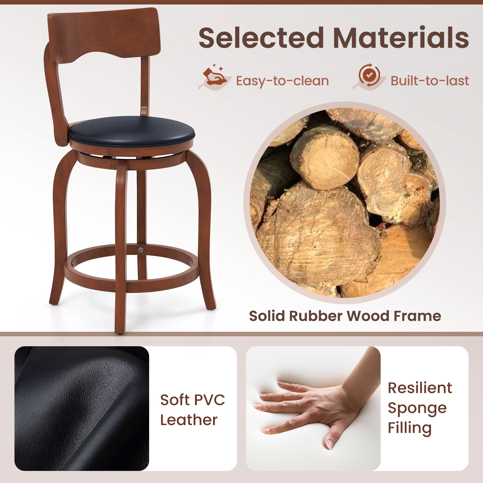 SUGIFT 360° Swivel Counter-Height Bar Stools 286-lb Capacity 24-in Seat Brown + Black