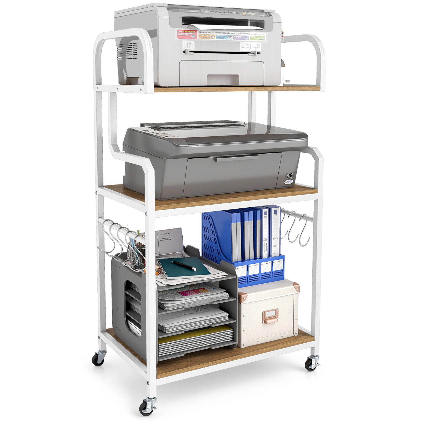 SUGIFT 3-Tier 10 Hanging Hooks Lockable Casters Rolling Printer Cart 24-in x 16-in x 43.5-in 110-lb Shelf Natural