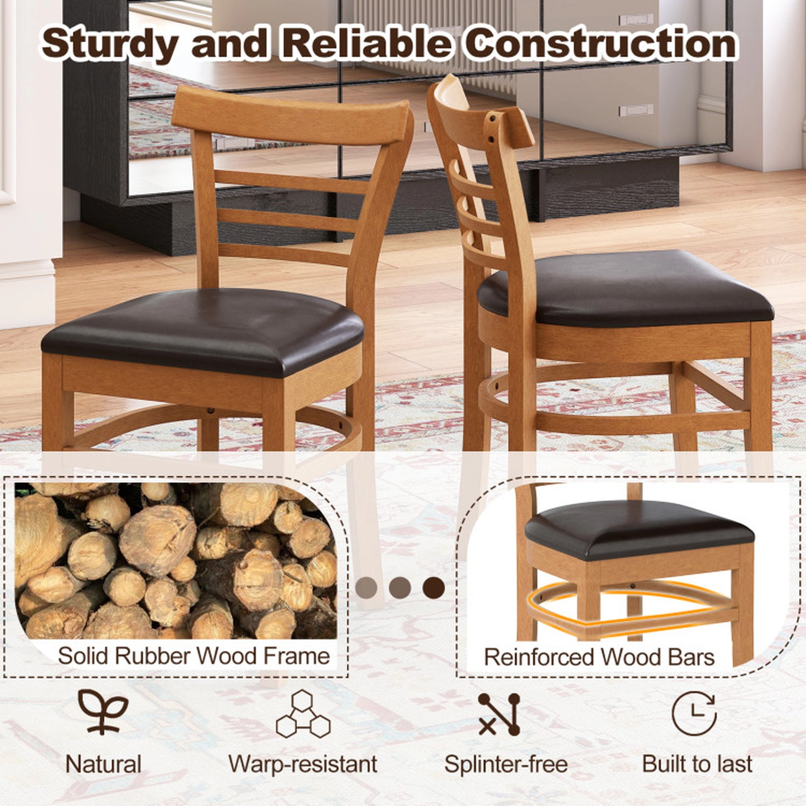SUGIFT Set of 2 Wooden Dining Chairs with Rubber Wood Legs 400-lb Capacity 19-in Seat Height Brown and Black