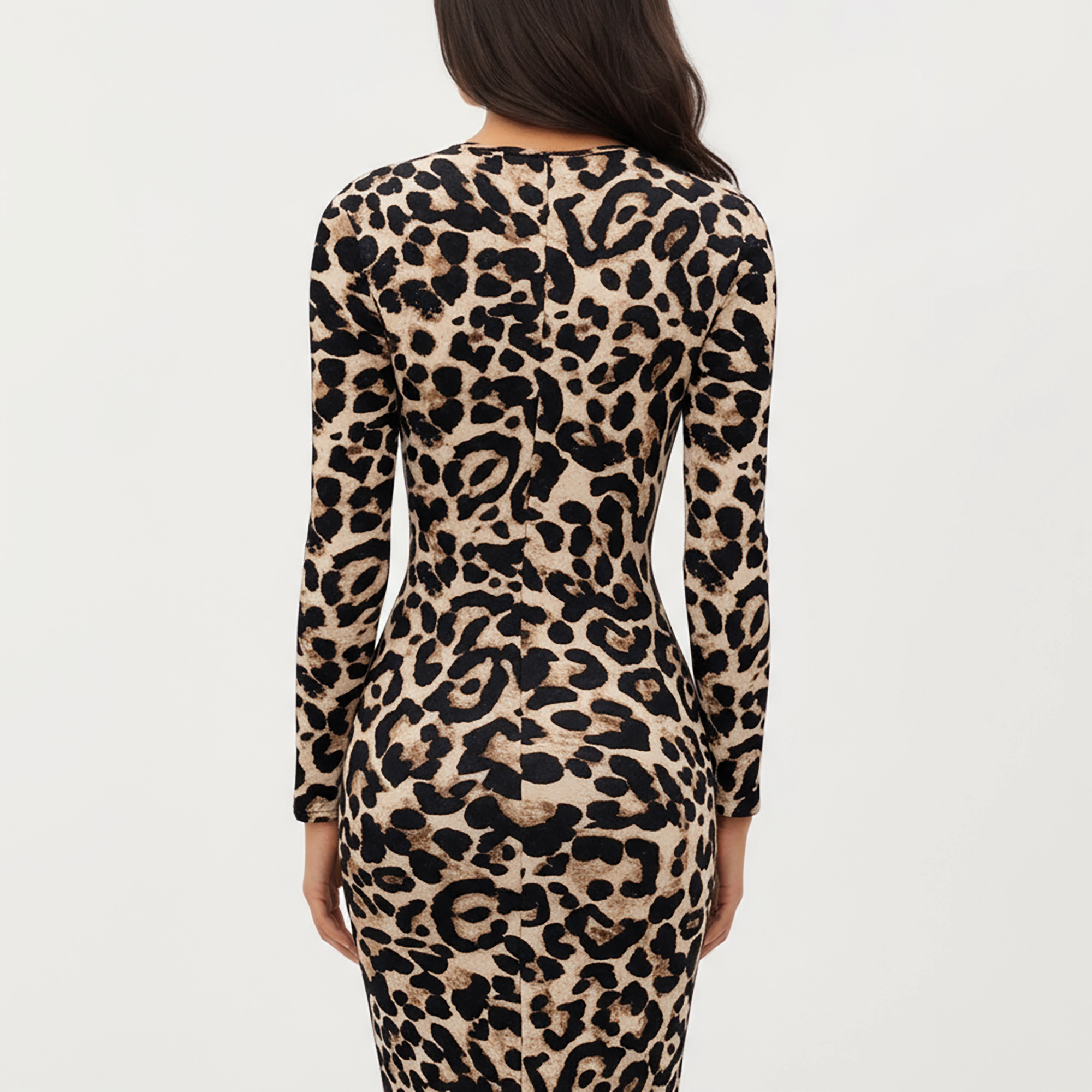 Anna-Kaci Women's Long Sleeve Leopard Print Bodycon Crew Neck Stretch Fit Midi Dress