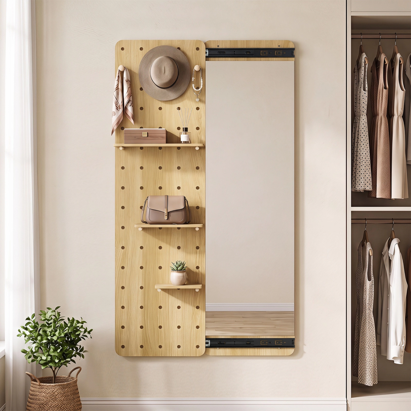 SUGIFT Solid Wood Full Length Mirror Natural with Pegboard Shelves and Hooks