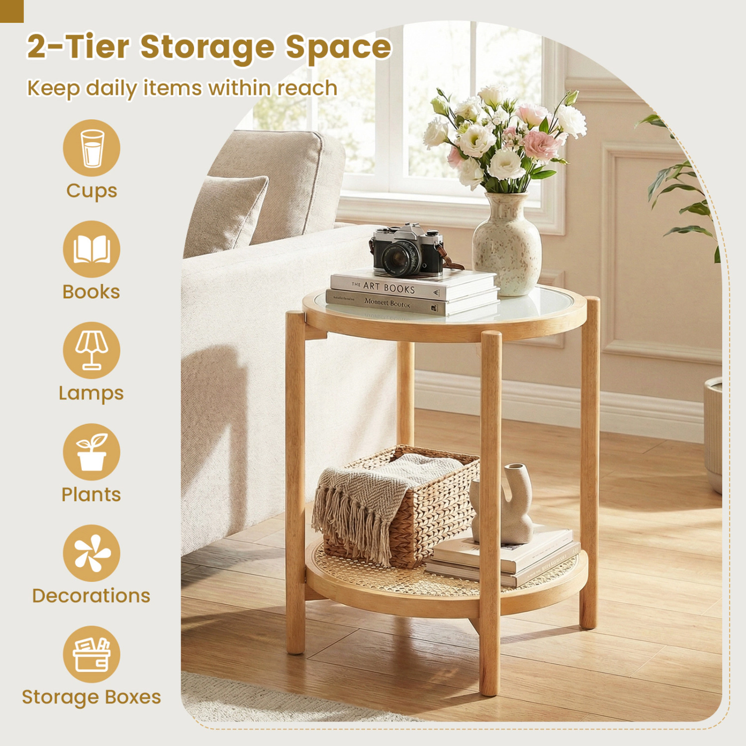 LJG Round Side Table 2-Tier Boho End with Tempered Glass Top