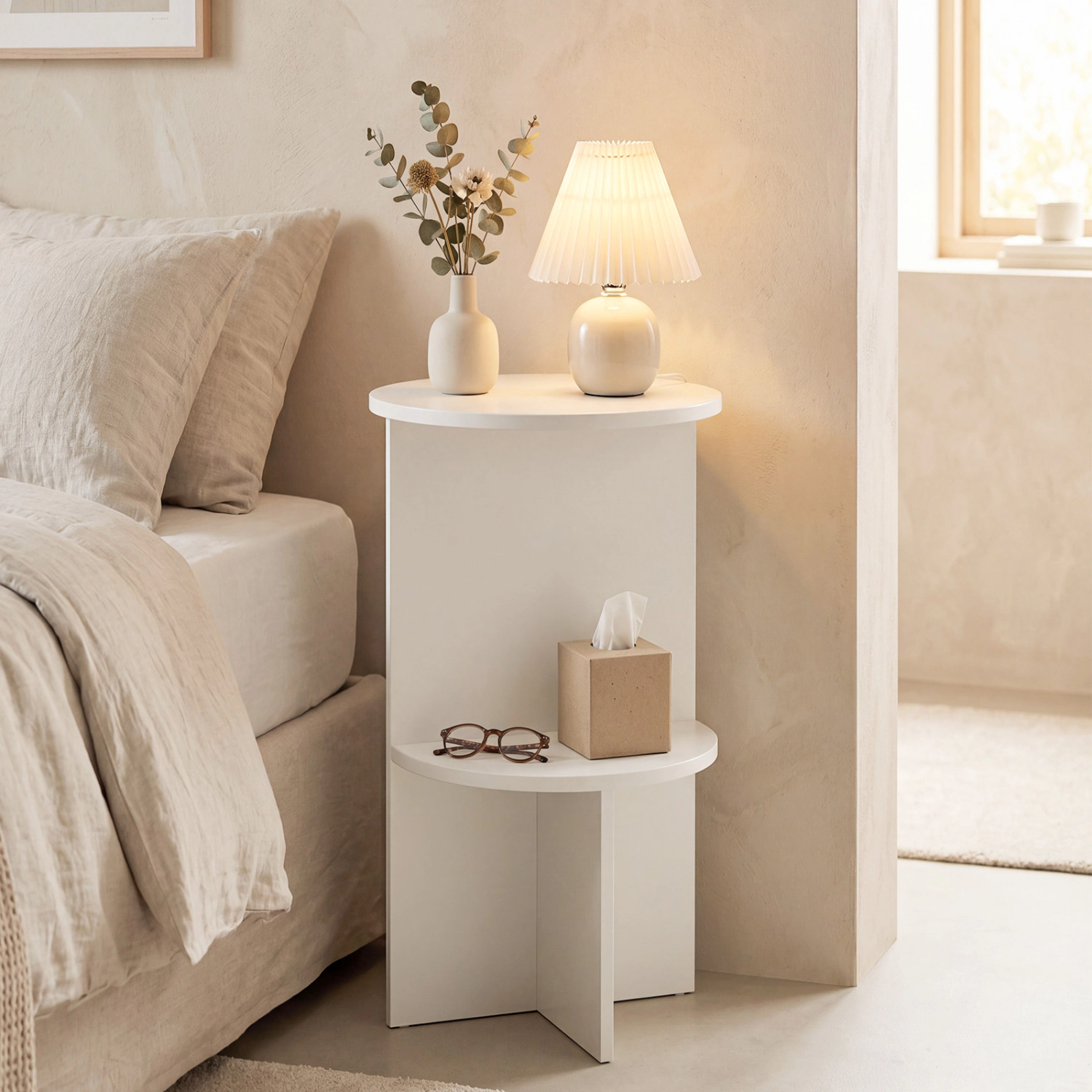 LJG 2-Tier Round Side Table with Storage Shelf for Small Space