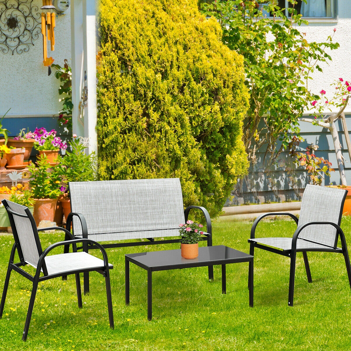 SUGIFT Gray Loveseat 2 Sofas and Glass Top Coffee Table 4-Piece Patio Furniture Set