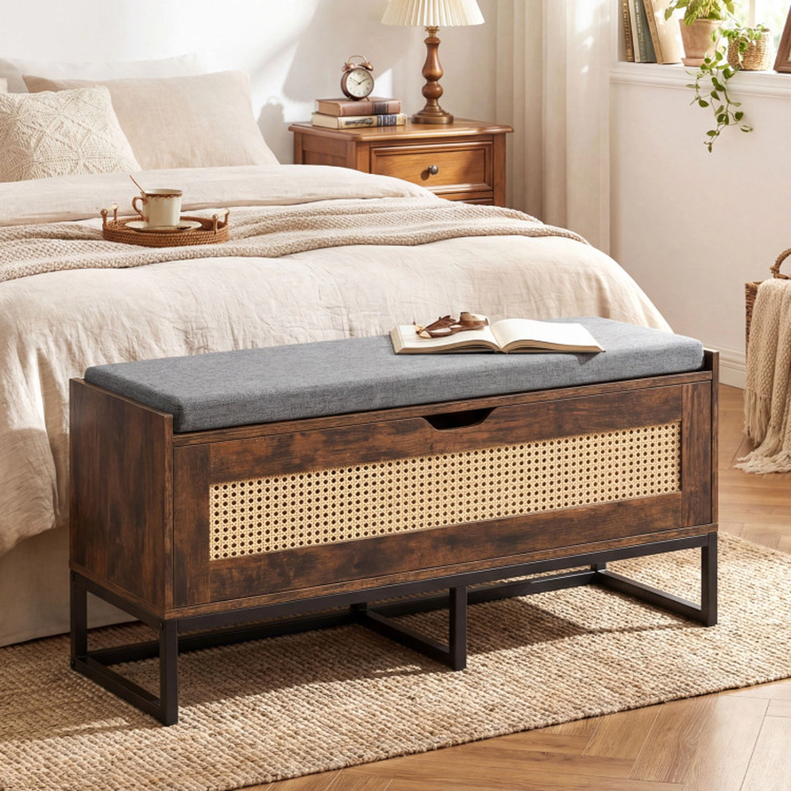 SUGIFT 39.5-in 440-lb Capacity Rattan Wicker Shoe Storage Bench with Flip Top and Padded Seat