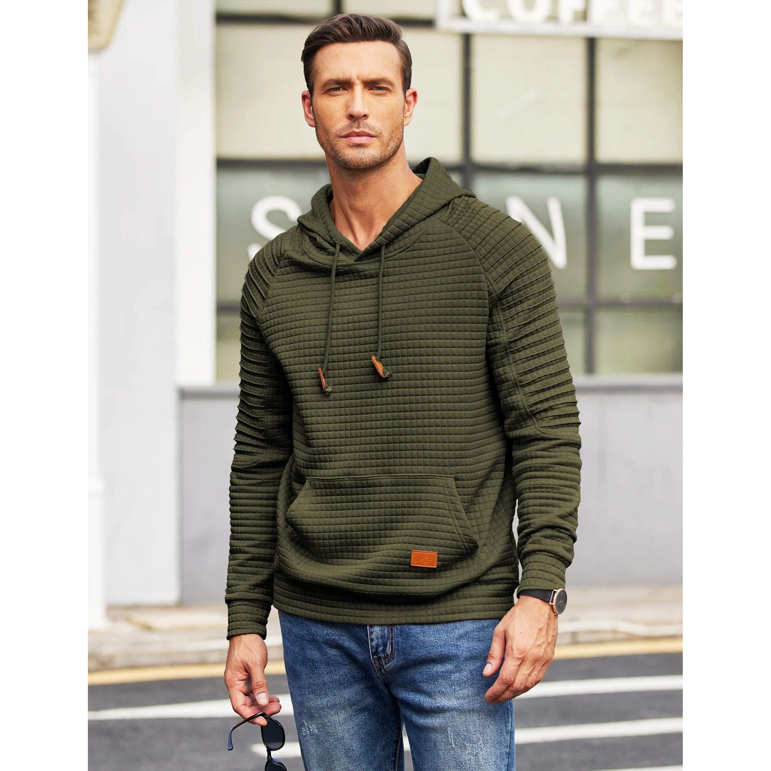 COOFANDY Men's Regular Fit Textured Quilted Long Sleeve Pullover Hoodie