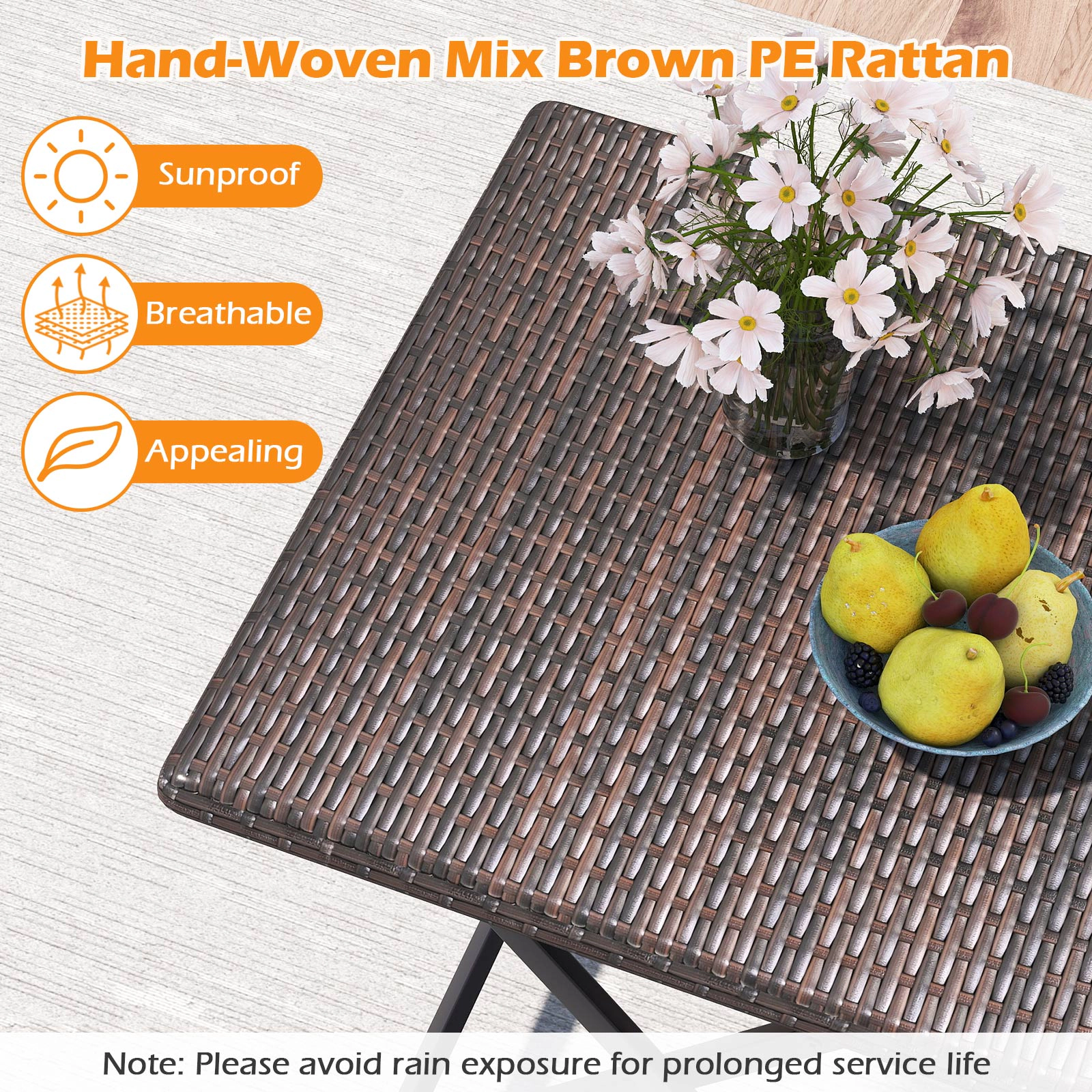 SUGIFT 3-Piece Mix Brown Folding Rattan Bistro Set, 24-Inch Square Table