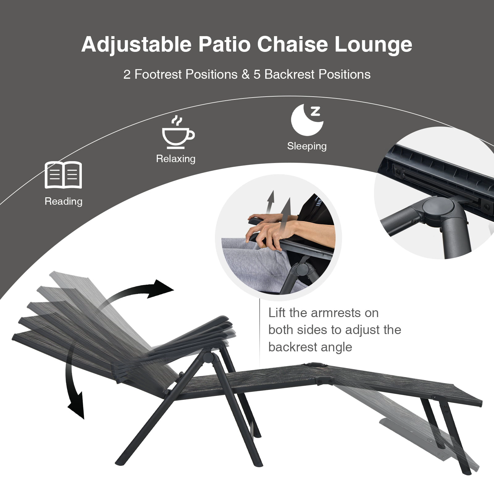 SUGIFT 2-Piece Folding Chaise Lounge Chairs, 5-Position Backrest, 2-Position Footrest, Gray