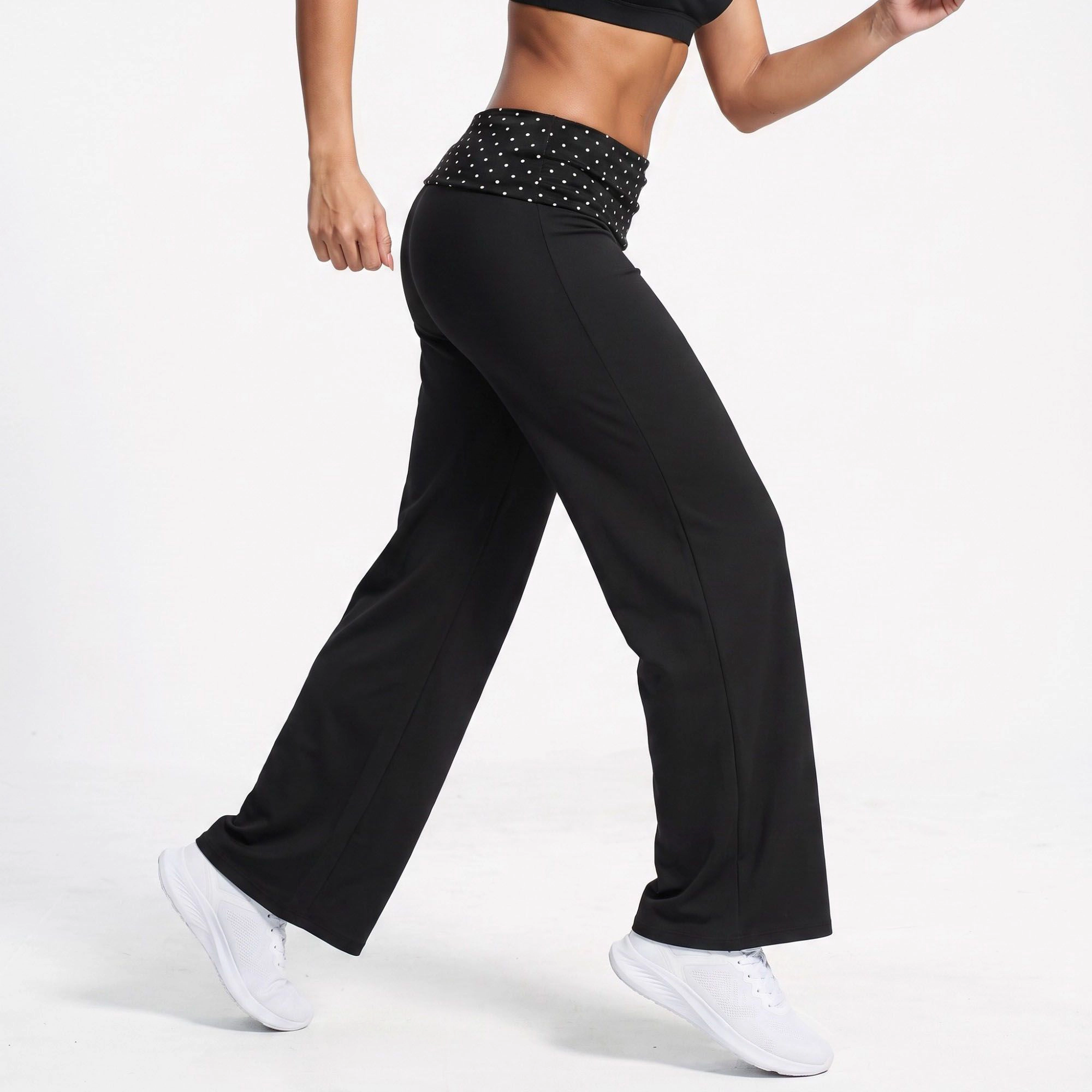 Anna-Kaci Women's Polka Dot Foldover Waist Wide-Leg Yoga Pants Full-Length Flowy Workout Trousers