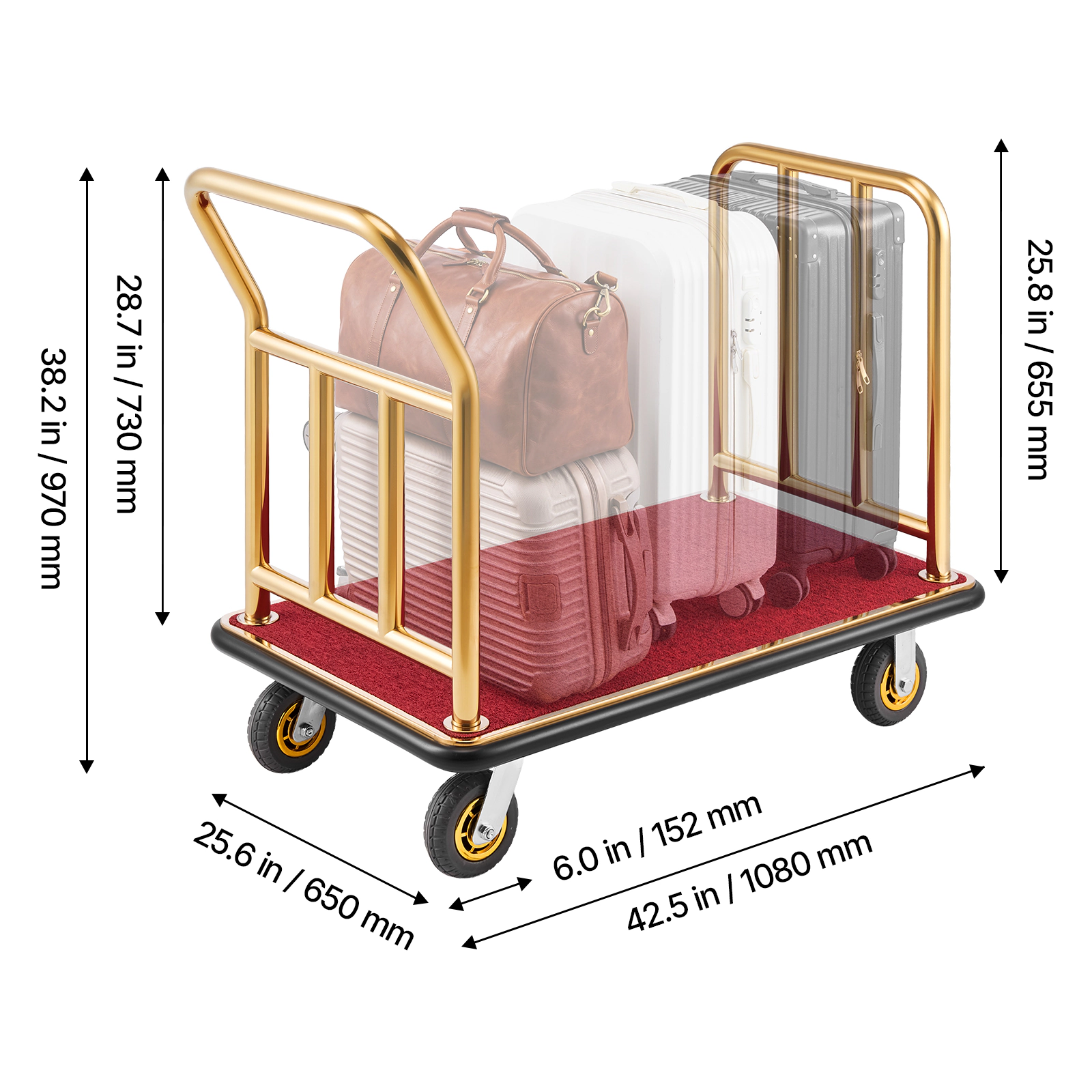 HONGGE Hotel Luggage Cart, Heavy Duty Bellman Cart with Stainless Steel Frame, Rubber Wheels, Carpeted Deck