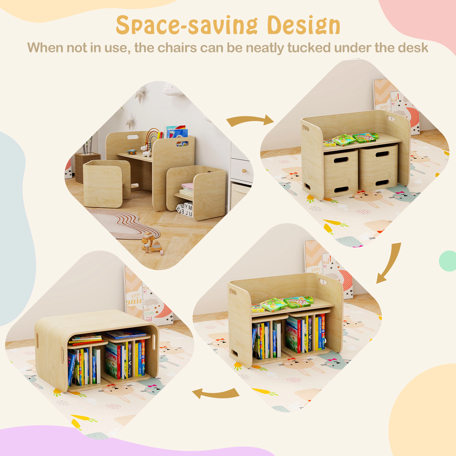 SUGIFT Natural Multifunctional Stool Desk Shelf Kids 3-Piece Birch Wood Table and Chair Set