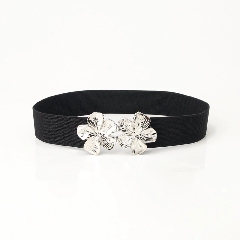 Premium Charms Womens Stretch Elastic Waist Belt Vintage Double Flower Metal Buckle
