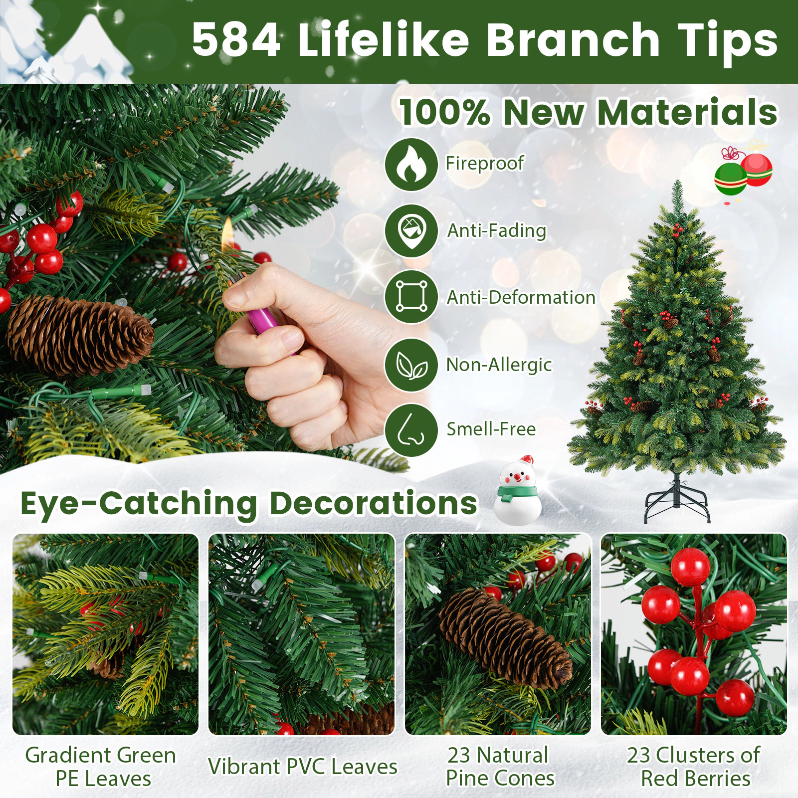 Costway 5/6/7/8 FT Artificial Christmas Tree with 250/370/500/650 RGB LED Lights 584/1054/1436/1936 Branch Tips