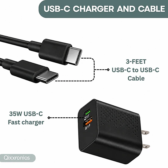 Qixxronics USB-C Fast Charger 35W Type-C Cable 3FT for iPhone 17 16 15, iPad Pro, iPad Air, iPad Mini, Pixels, Samsung Galaxy, LG