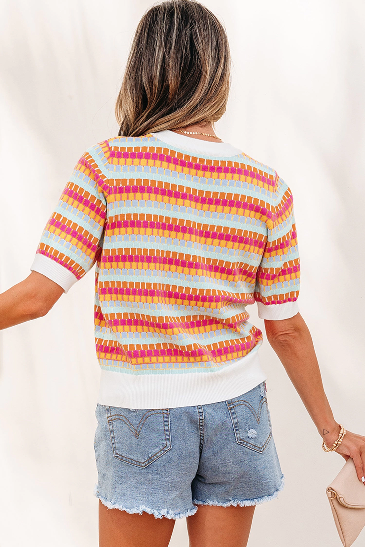 Threaded Pear Bellamy Knit Short Sleeve Sweater - Orange, Oversized Retro Stripe