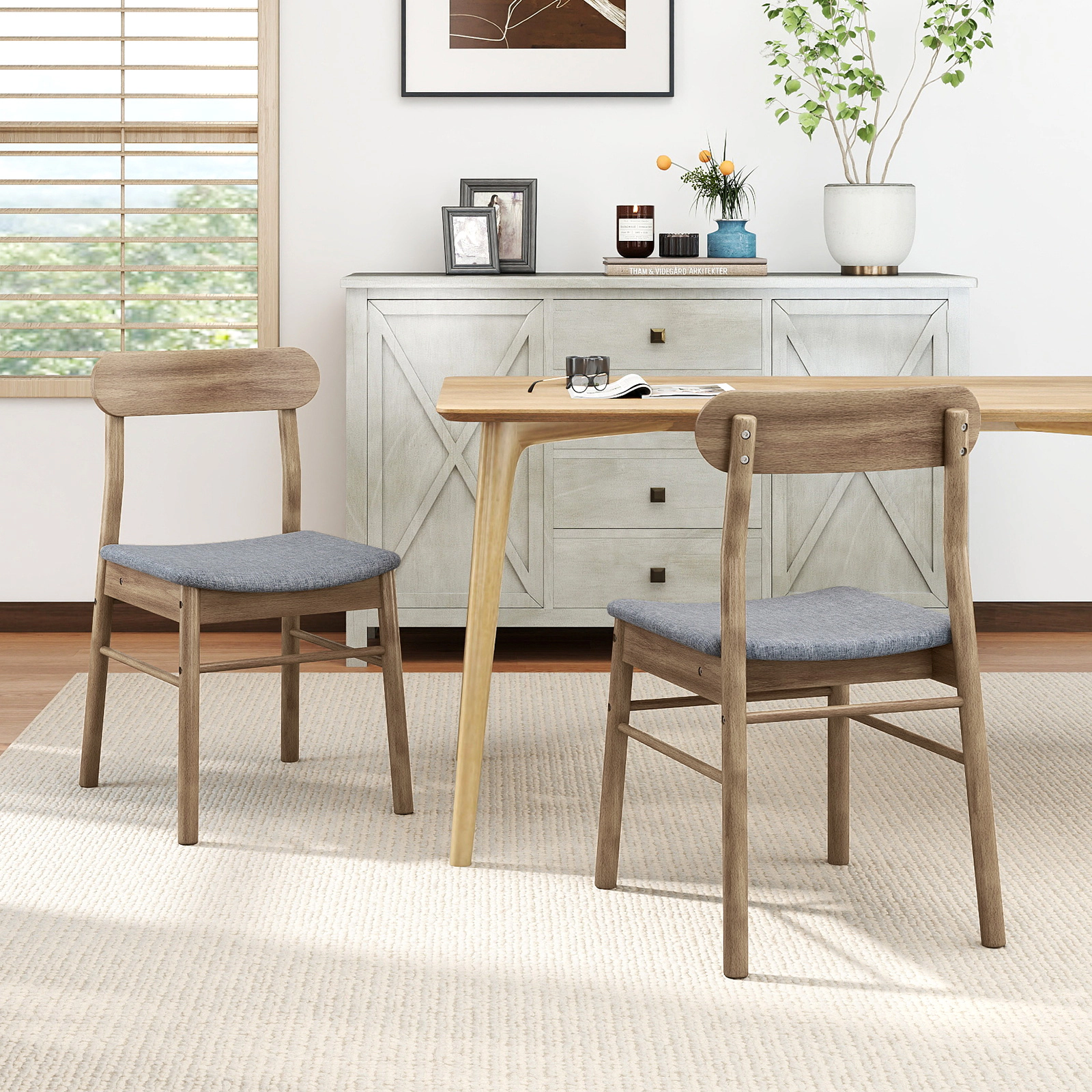 LJG Fabric Upholstered Kitchen Armless Dining Chairs with Rubber Wood Frame Set of 4