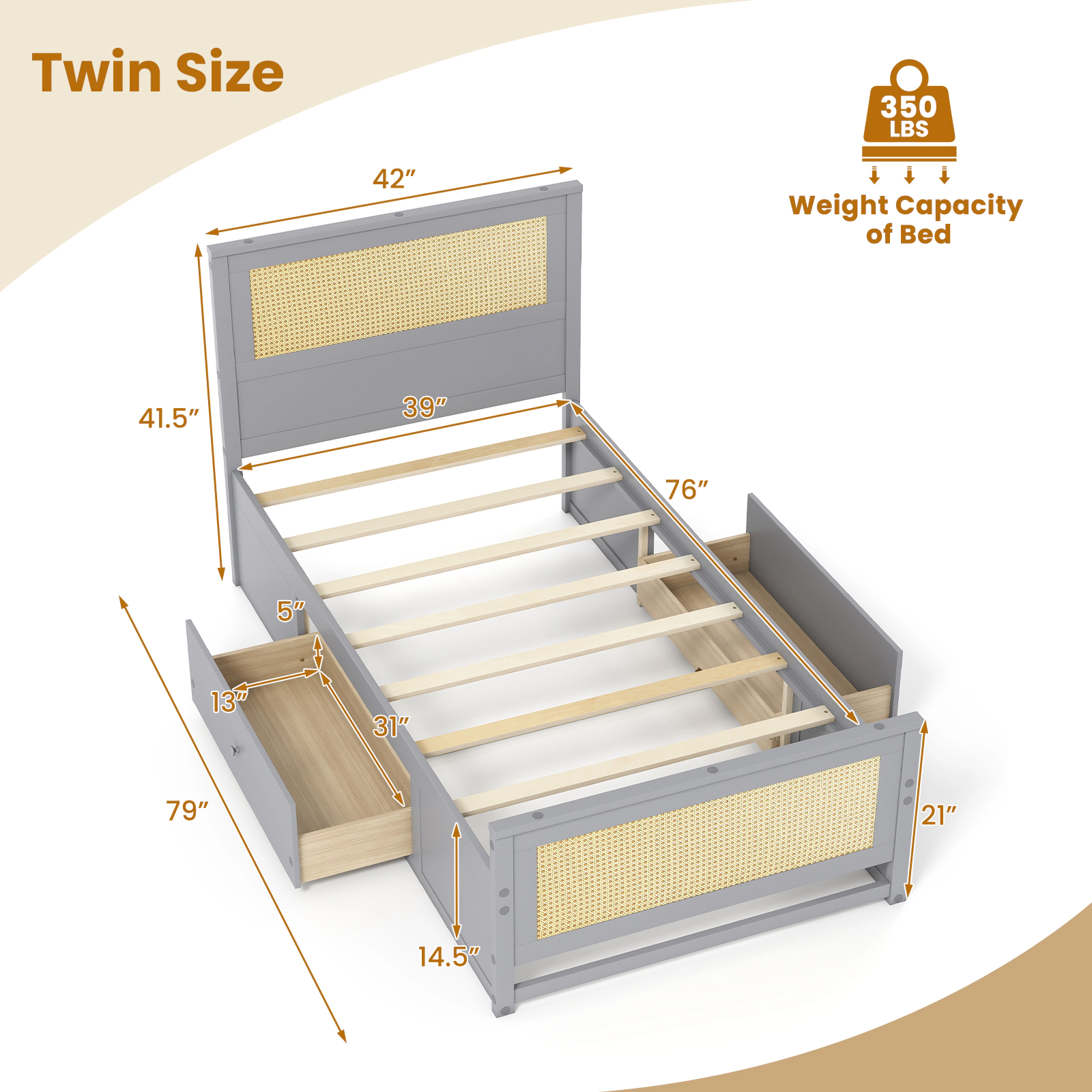 SUGIFT Gray 2 Storage Drawers and Wooden Slat Support Twin Size Rattan Bed Frame