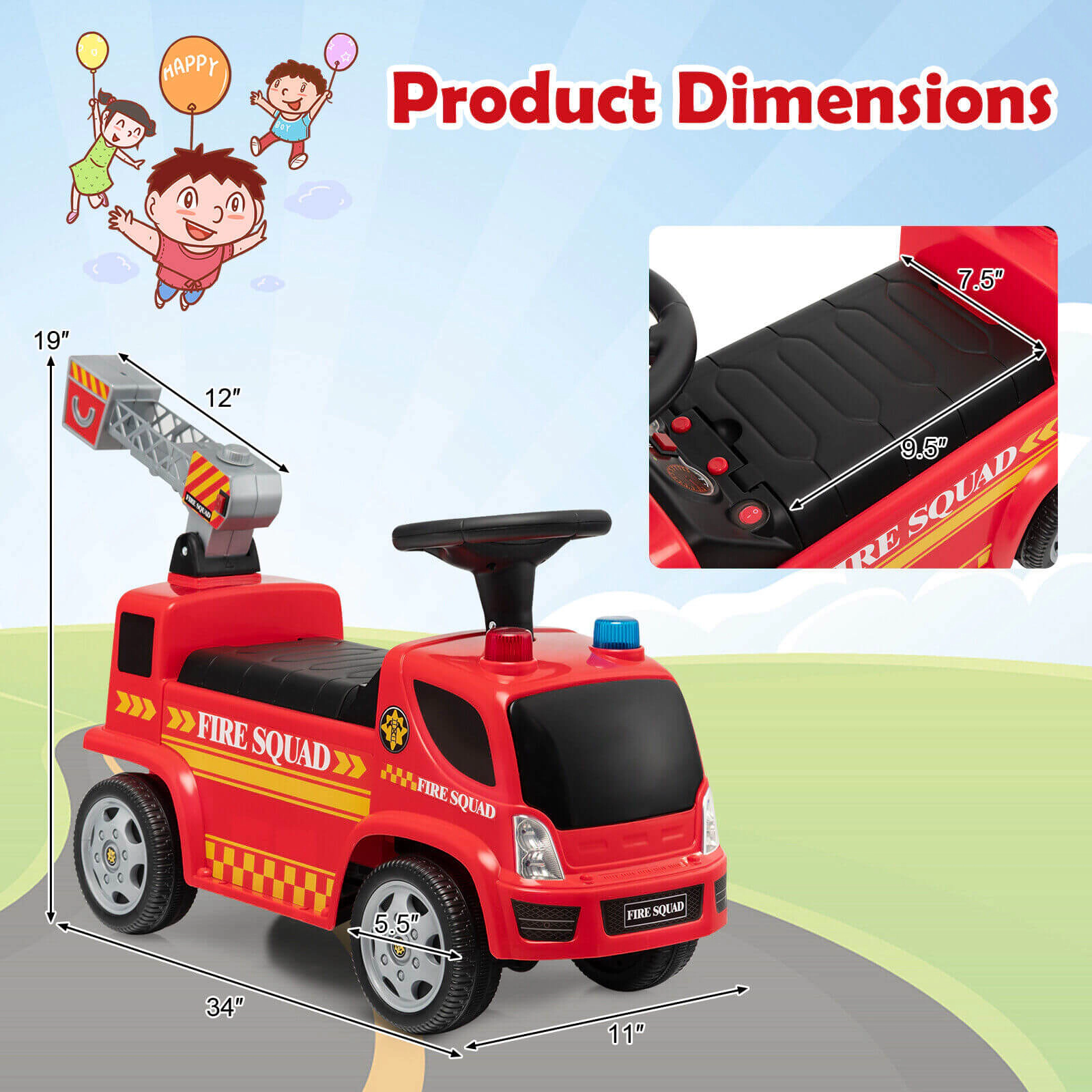 Hivvago Kids Push Ride On Fire Truck with Ladder Bubble Maker and Headlights
