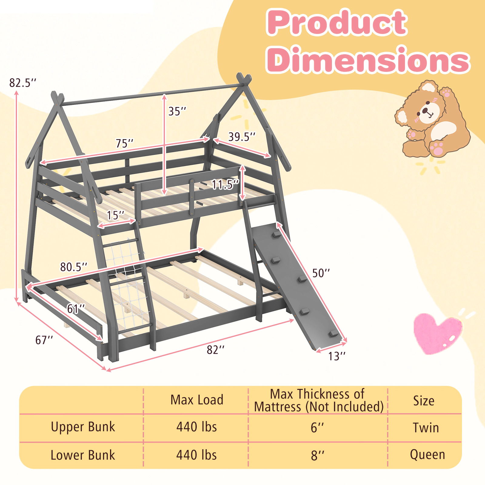 SUGIFT Twin Over Queen 440-lb Capacity Gray Pine Wood Kids Bunk Bed with Climbing Net Ramp and Guardrails