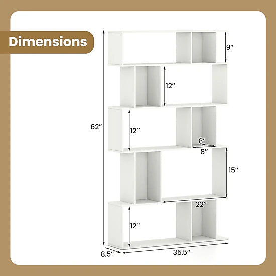 LJG Geometric Bookshelf 5-Tier Bookcase with Open Shelves and Closed-Back Cubes