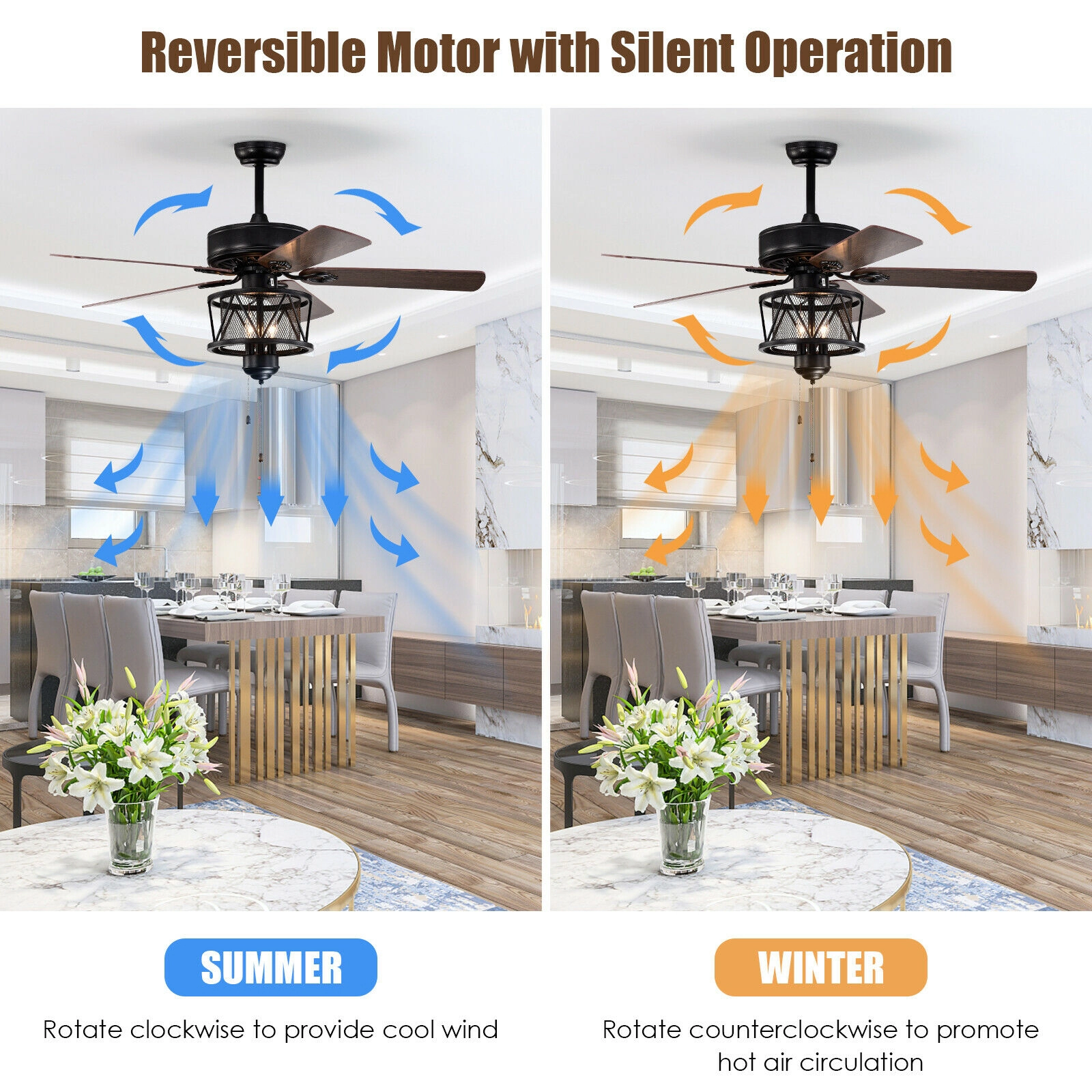 SUGIFT 50-Inch 5-Blade Ceiling Fan with Light, 3-Speed Pull Chains, Reversible Motor, Black