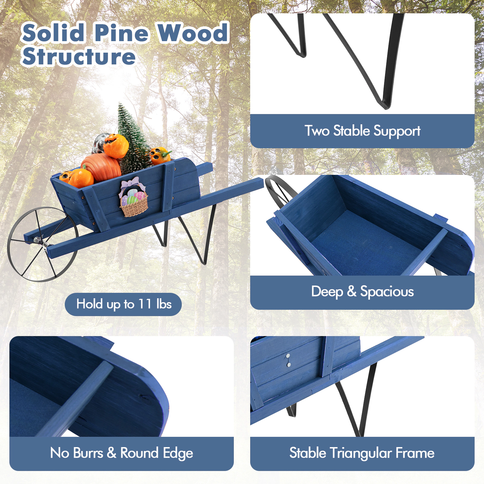 SUGIFT Blue Wooden Wagon Planter with 9 Magnetic Accessories Decorative Wheelbarrow for Garden Yard