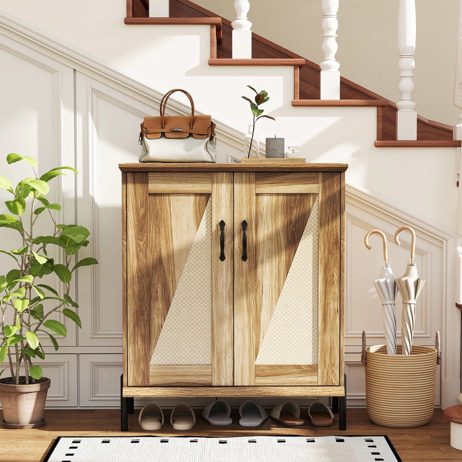 SUGIFT 5-Tier Farmhouse Shoe Cabinet with Woven Rattan Doors 110-lb Countertop Capacity 11-lb Shelf Capacity Natural