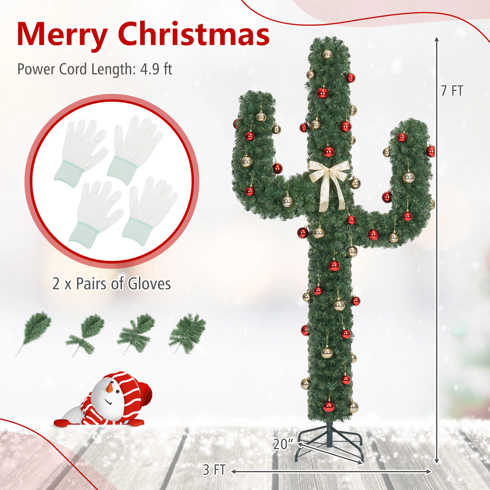 Costway 7 FT Pre-Lit Cactus Christmas Tree with 160 LED Lights Green