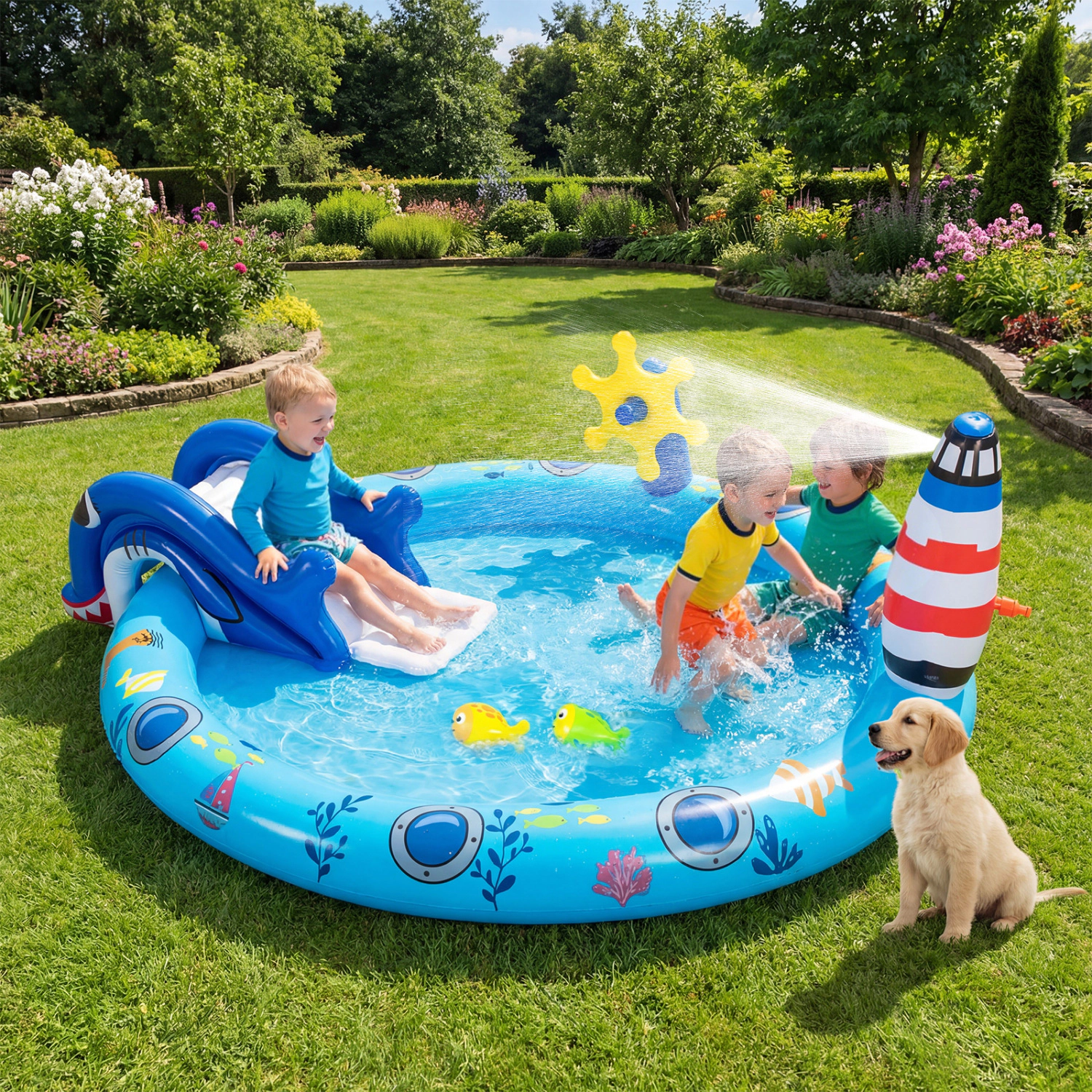 LJG Kids Inflatable Play Center Marine Life Spray Pool with Shark-Shaped Slide Lighthouse Sprinkle