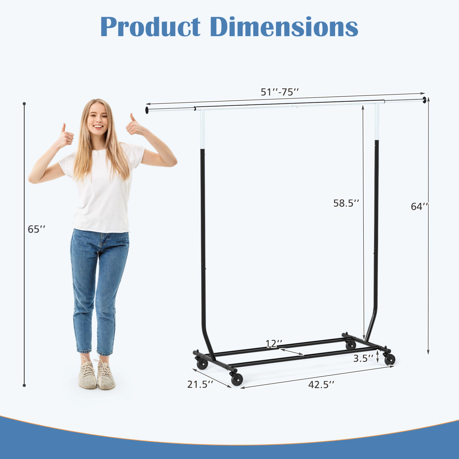 SUGIFT Rolling Clothes Rack Extendable Garment Stand with 90-lb Main Rod Capacity Black + Silver